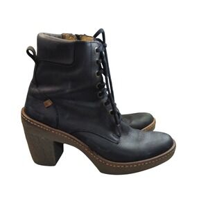 El Naturalista Haya Ankle Booties Black Leather Chunky Heel Boots‎ Women 39 8.5